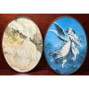 Set of 2 Vintage Oval Victorian Flue Covers Framed Prints Chain Hanger 11”x 8”